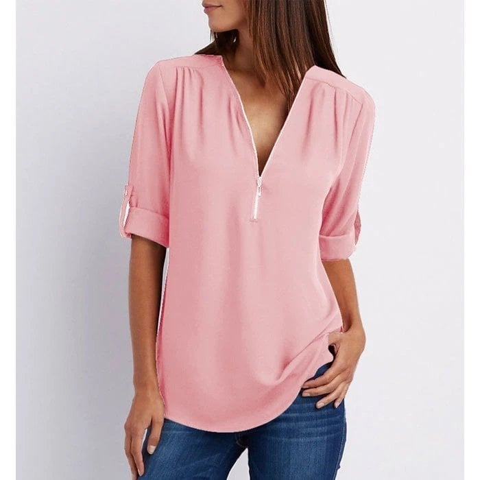 Damen Bluse – Lockerer Schnitt – Atmungsaktives Material – Half-Zip – 3/4 Ärmel