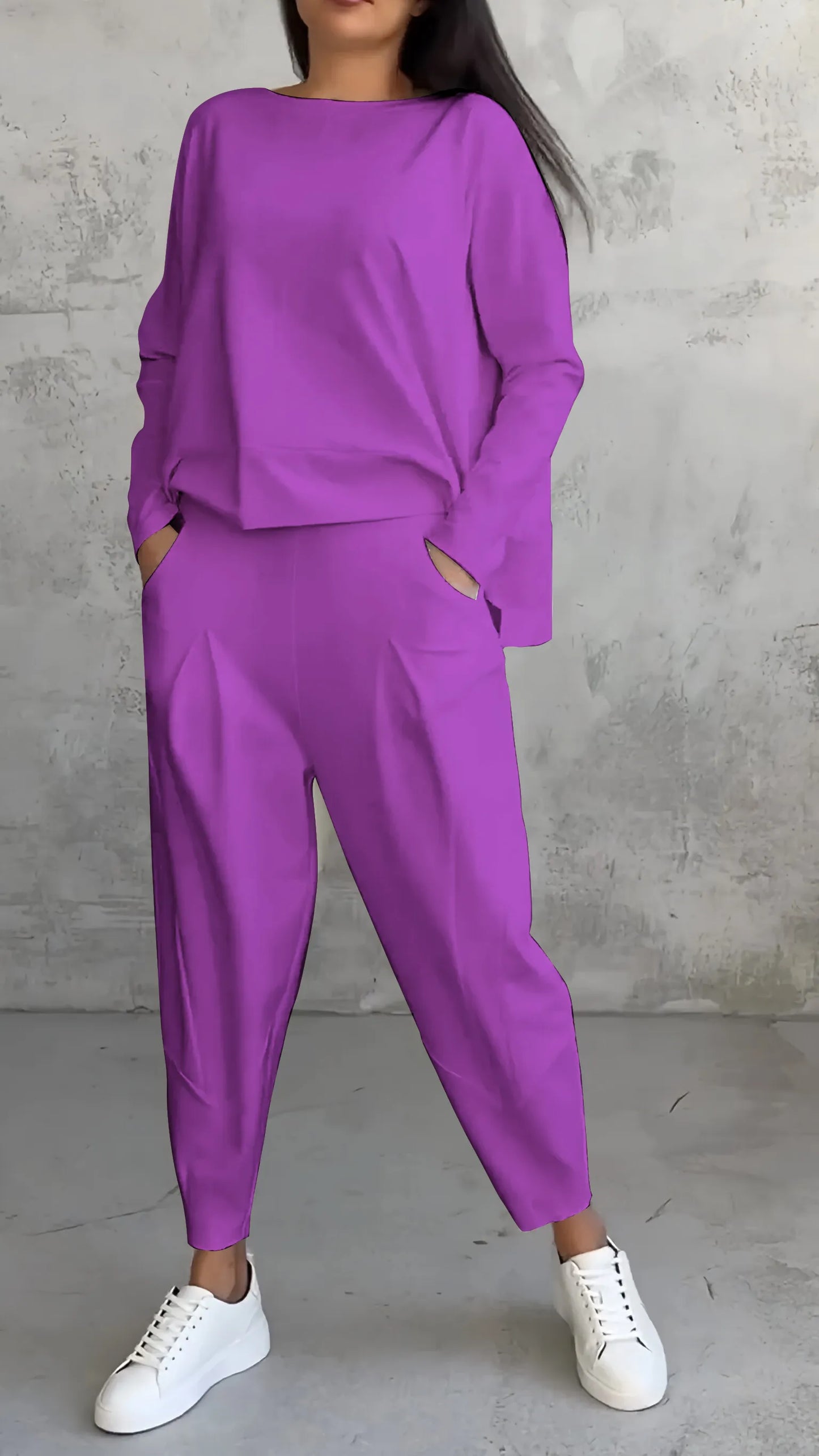 Damen Zweiteiler Set – Lockerer Schnitt – Langarmshirt & Haremshose – Atmungsaktives Material