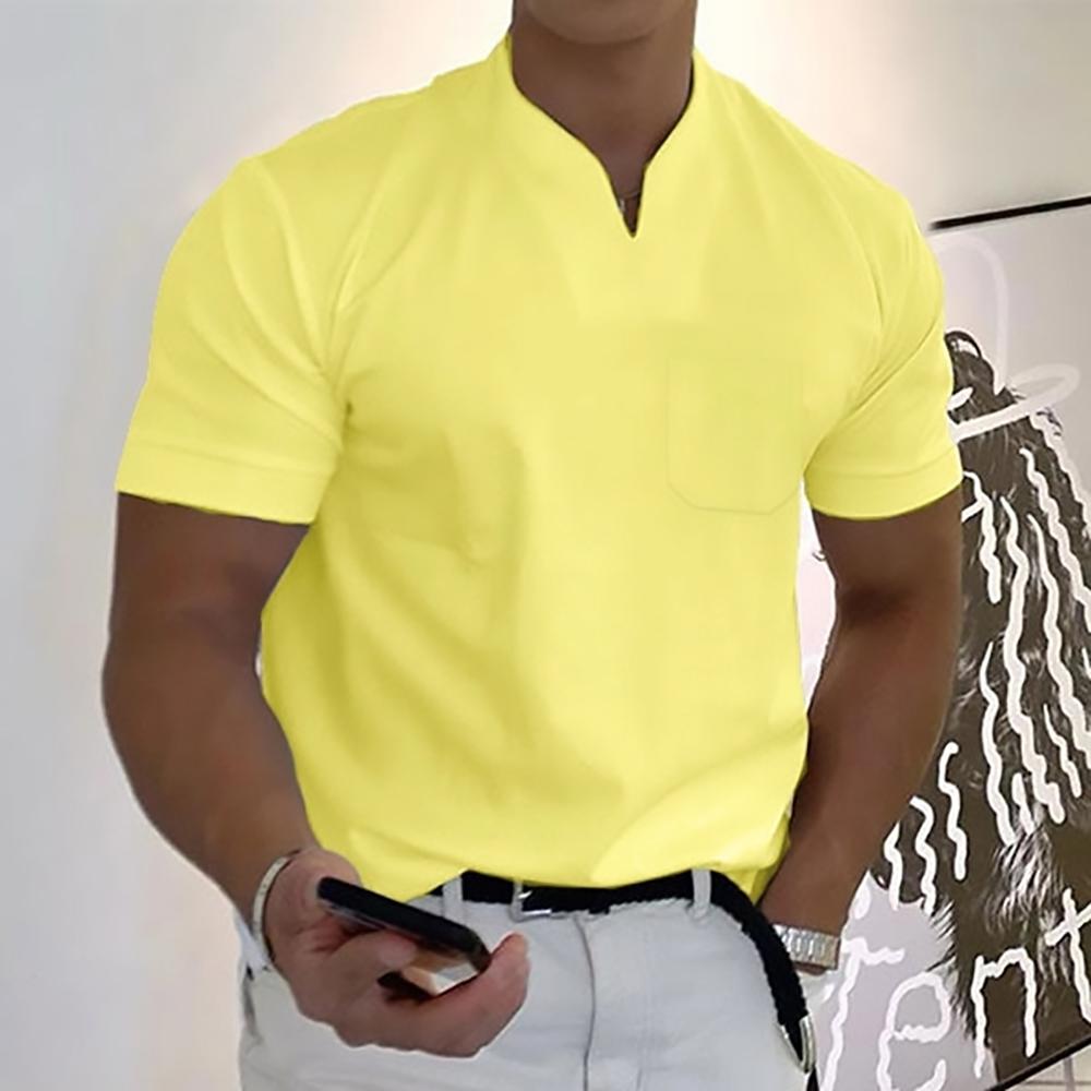 Herren Kurzarmhemd – Slim Fit – Atmungsaktives Gewebe – Stehkragen – V-Ausschnitt