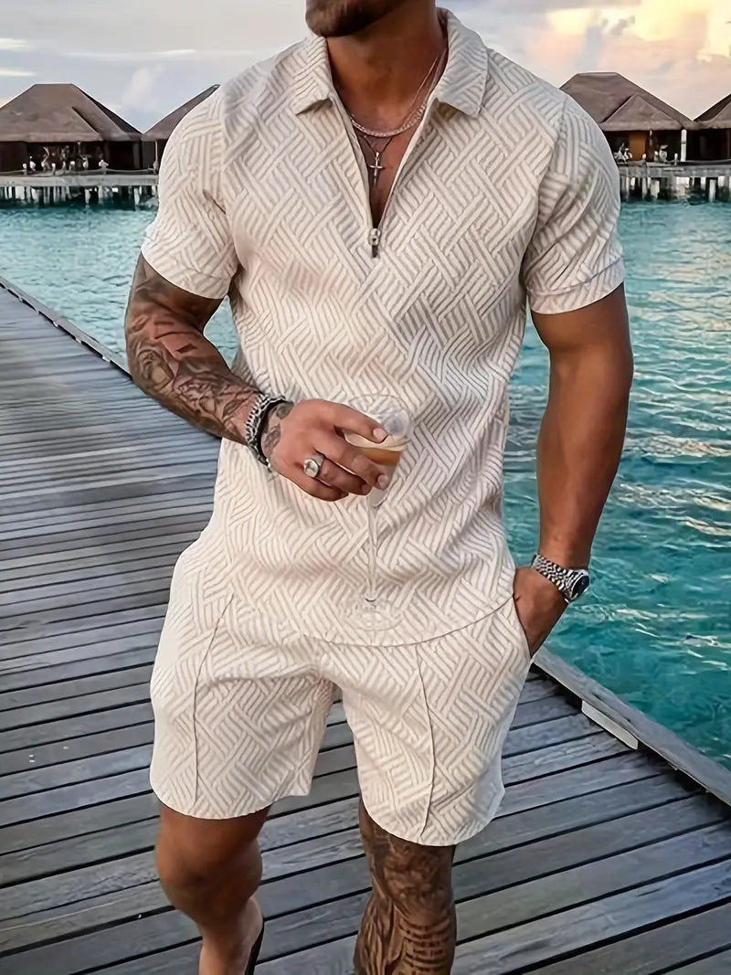 Herren Polo Set – Slim Fit – Atmungsaktives Gewebe – Reißverschlusskragen – Freizeitlook