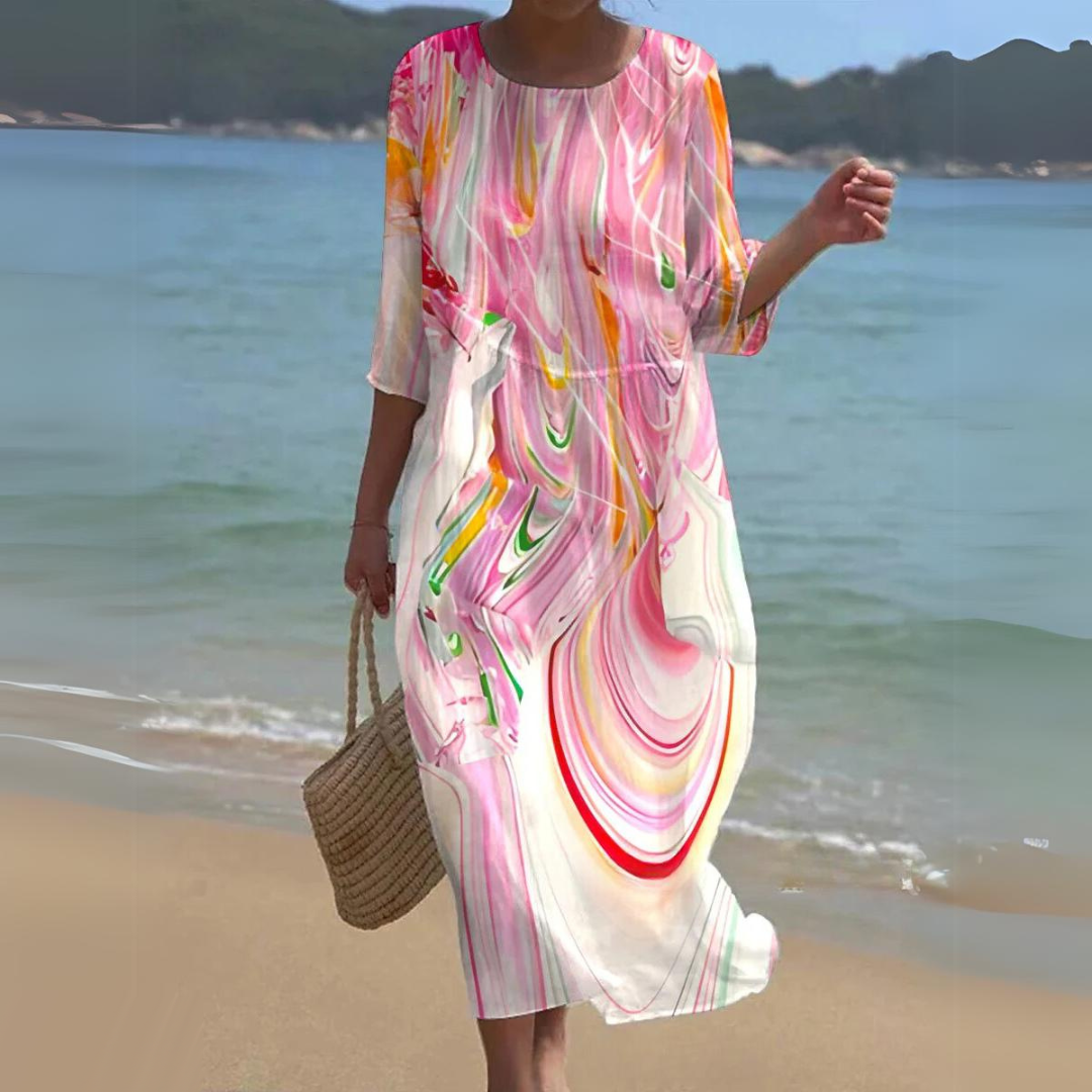 Damen Midi Kleid – Fließender Schnitt – Atmungsaktives Gewebe – Blumenmuster