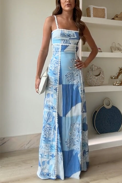 Damen Maxikleid – Spaghetti-Träger – Spitze – Schleife hinten – Lockere Passform – Weicher Fall