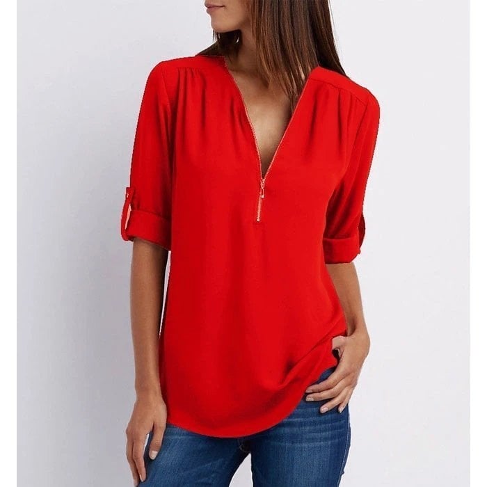 Damen Bluse – Lockerer Schnitt – Atmungsaktives Material – Half-Zip – 3/4 Ärmel
