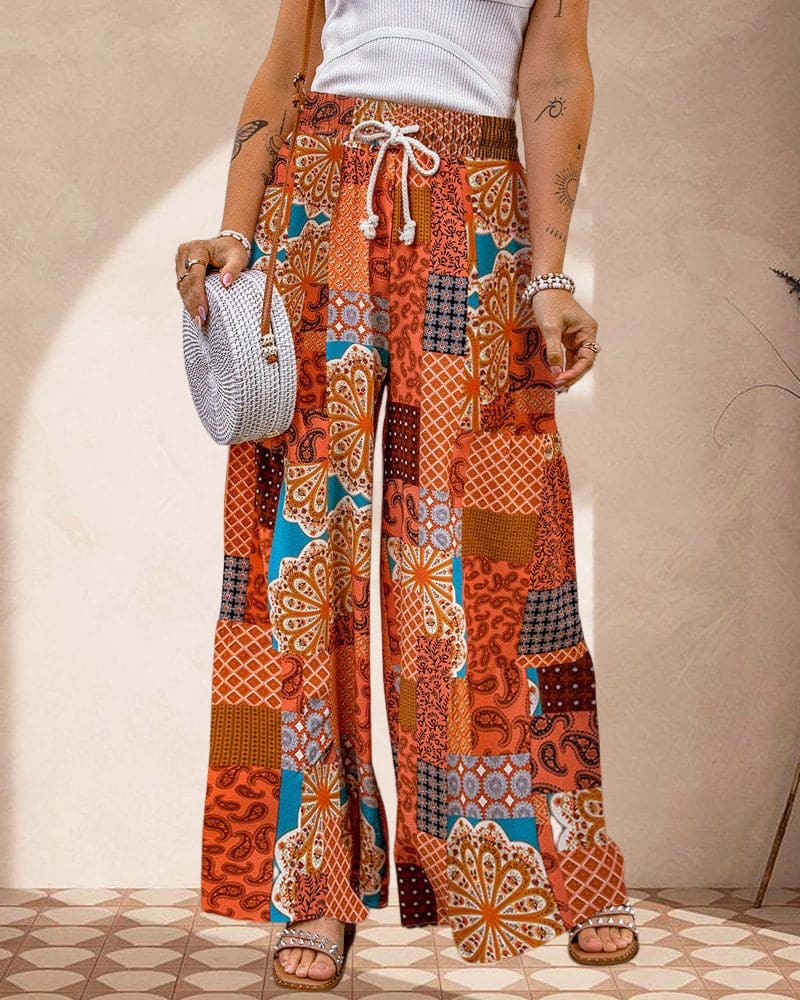 Damen Palazzo Hose – High Waist – Weites Bein – Boho Print – Verstellbarer Bund