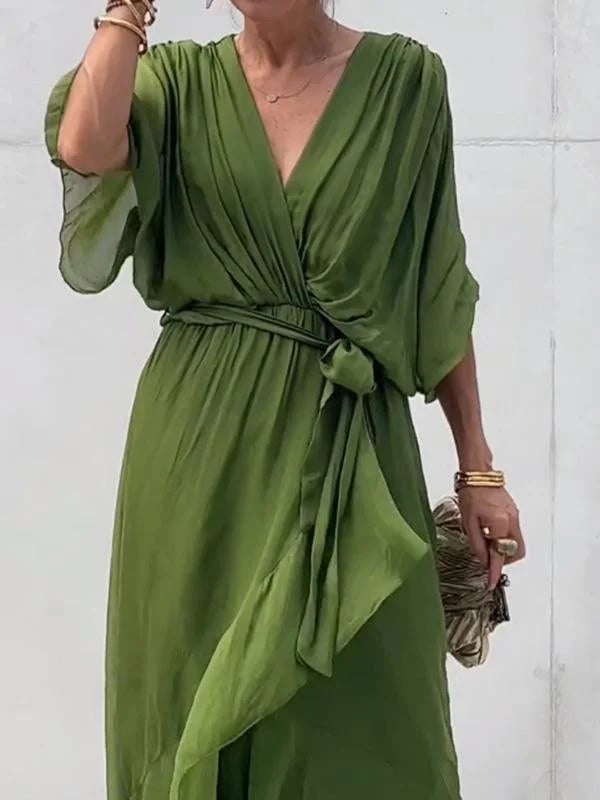Damen Maxikleid – Luftiger Schnitt – Kimonoärmel – Verstellbare Taille – V-Ausschnitt