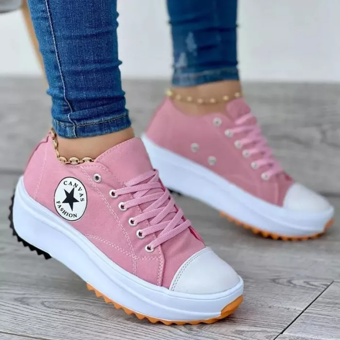 Damen Plateau-Sneaker – Low-Top – Atmungsaktives Gewebe – Schnürung – Chunky-Sohle