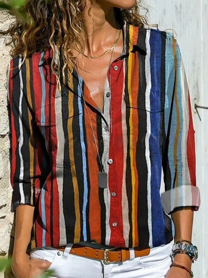 Damen Bluse – Lockere Passform – Klassischer Kragen – Abstraktes Muster – Krempelärmel