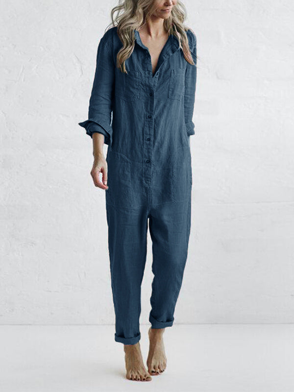 Damen Jumpsuit – Relaxed Fit – Gerade Beine – Atmungsaktive Naturfaser – Langarm mit Riegel – Knopfleiste – Hemdkragen