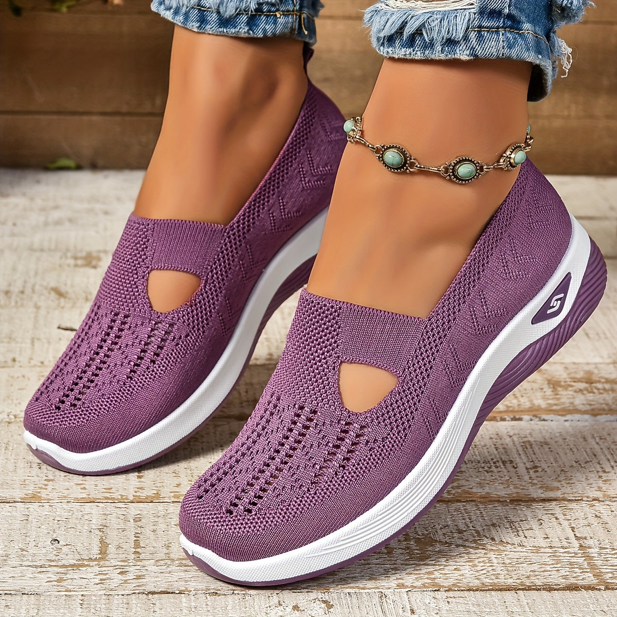Damen Slip-On Sneaker – Atmungsaktives Strickdesign – Gepolsterte Sohle – Niedriger Schnitt