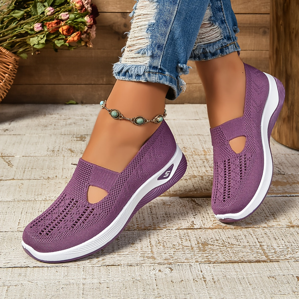 Damen Slip-On Sneaker – Atmungsaktives Strickdesign – Gepolsterte Sohle – Niedriger Schnitt
