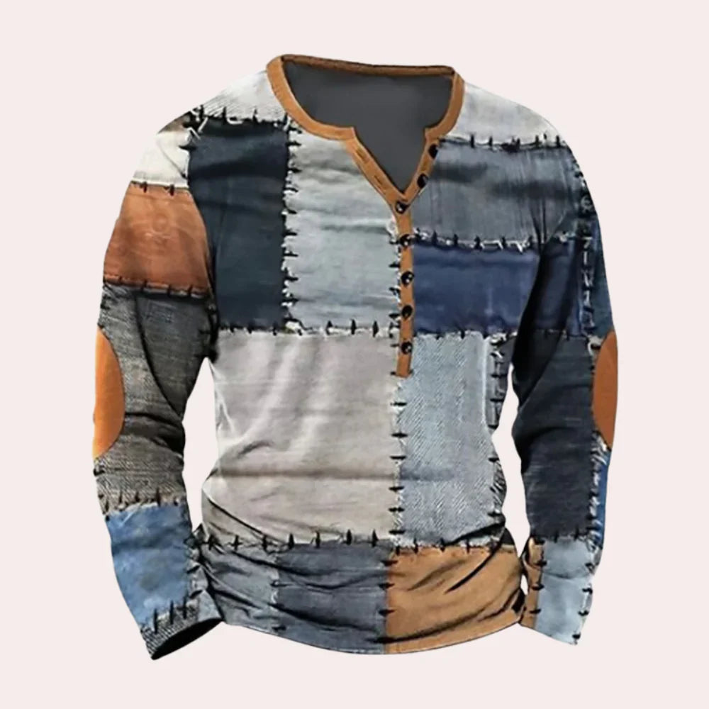 Herren Pullover – Relaxed Fit – Soft Knit – Henley Kragen – Patchwork Design