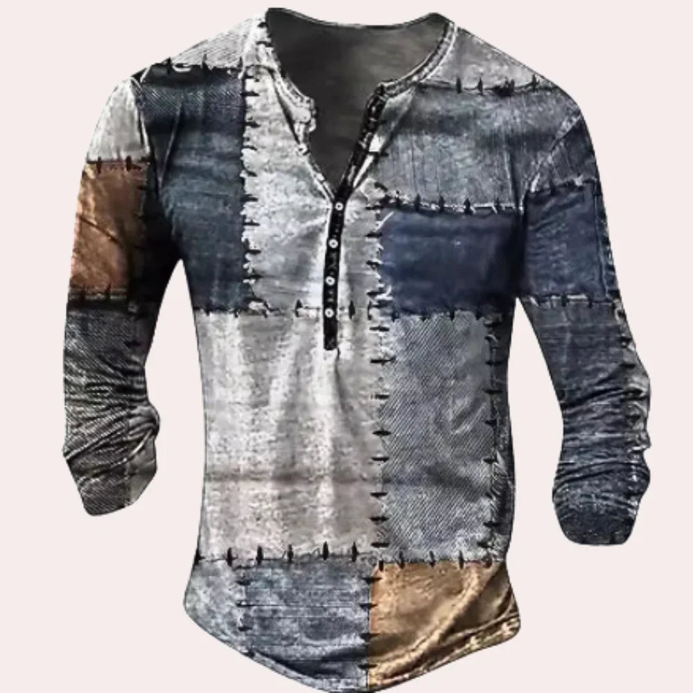 Herren Pullover – Relaxed Fit – Soft Knit – Henley Kragen – Patchwork Design