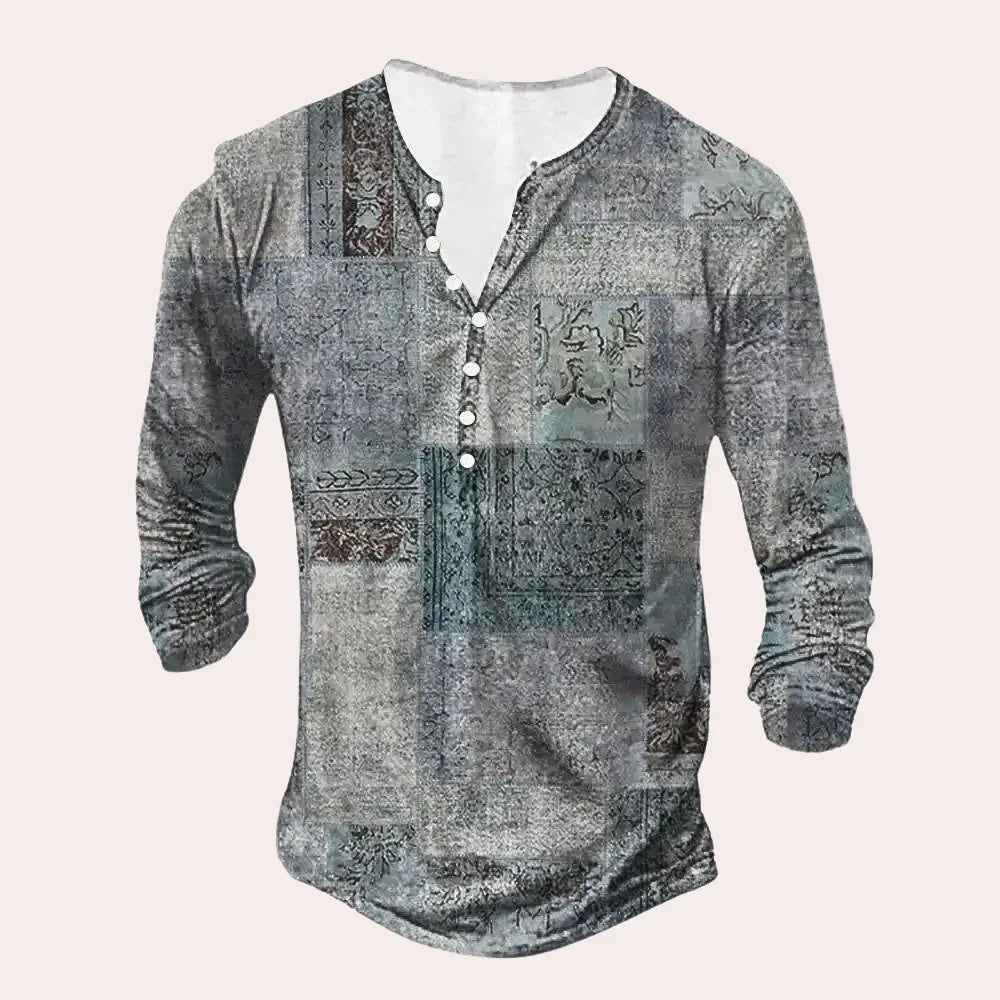 Herren Pullover – Relaxed Fit – Soft Knit – Henley Kragen – Patchwork Design