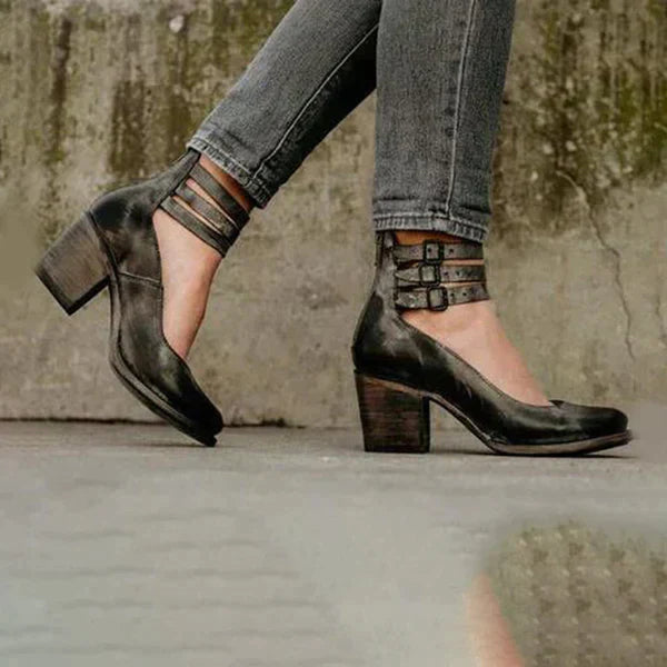 Damen Blockabsatz Pumps – Runde Spitze – Doppelriemen mit Schnalle – Eleganter Look