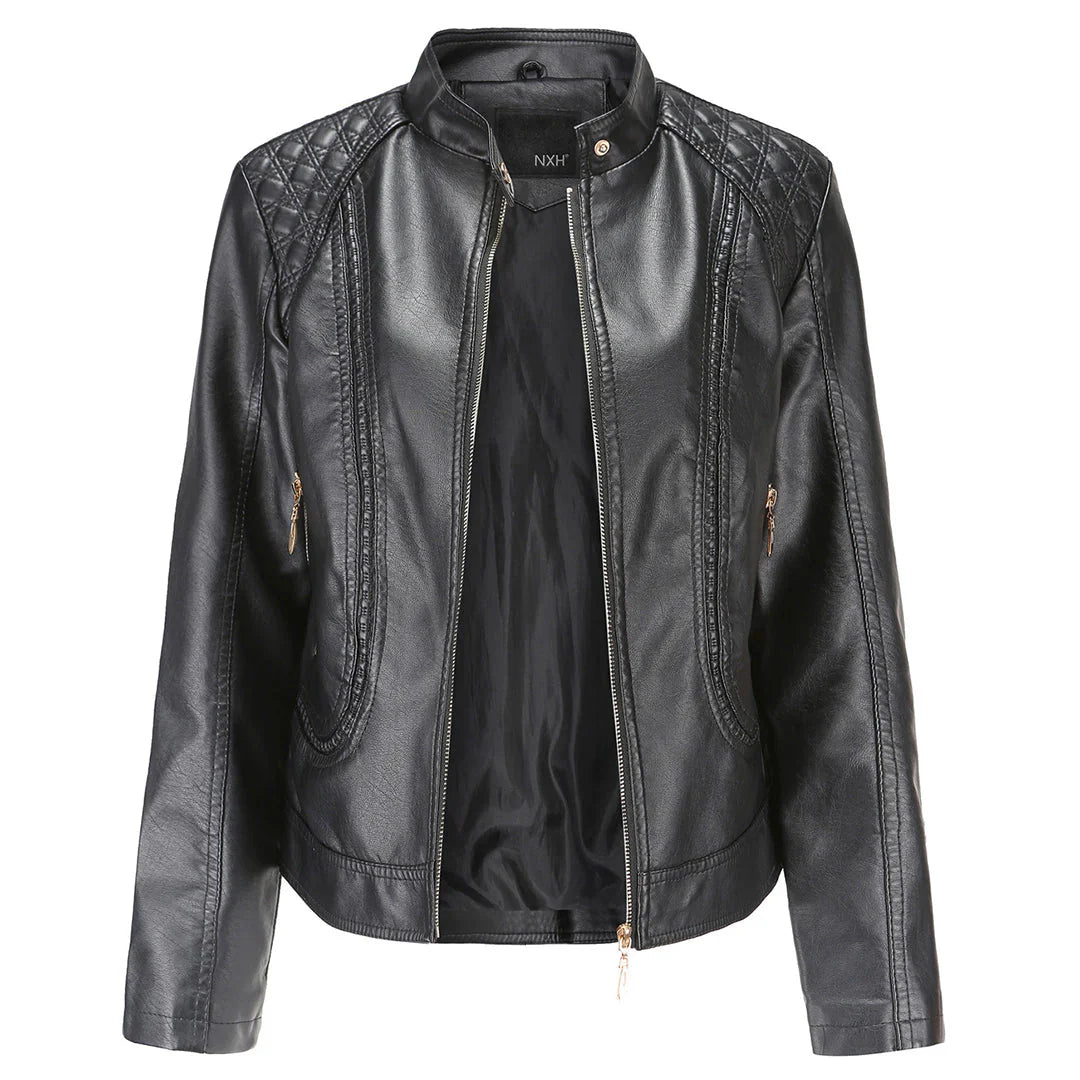 Damen Lederjacke – Slim Fit – Stehkragen – Gesteppt – Zipper-Taschen – Kurzform