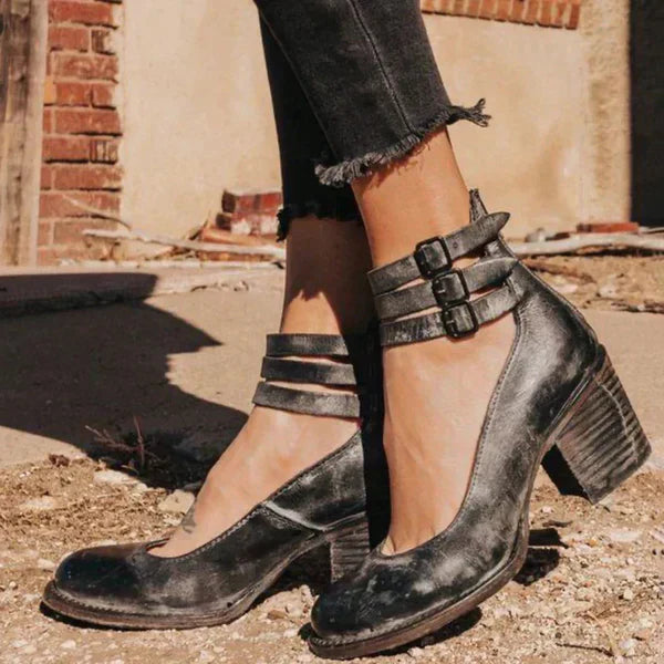 Damen Blockabsatz Pumps – Runde Spitze – Doppelriemen mit Schnalle – Eleganter Look