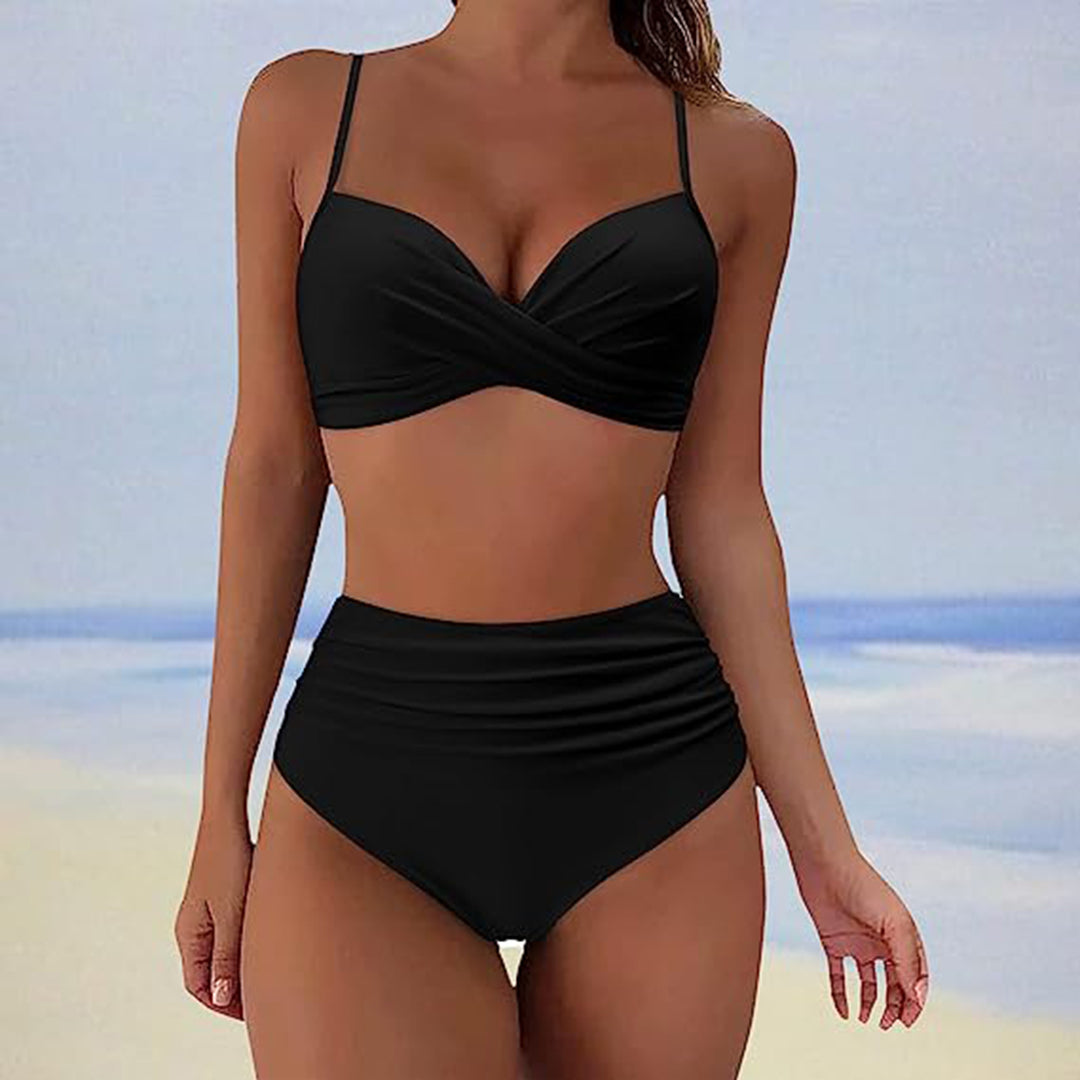 Damen Bikini – Gepolsterte Cups – High Waist – Cross Front – Verstellbare Träger – Atmungsaktives Material
