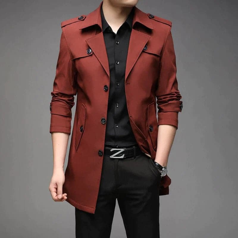 Herren Trenchcoat – Slim Fit – Einreiher – Strukturierter Schnitt – Schulterriegel