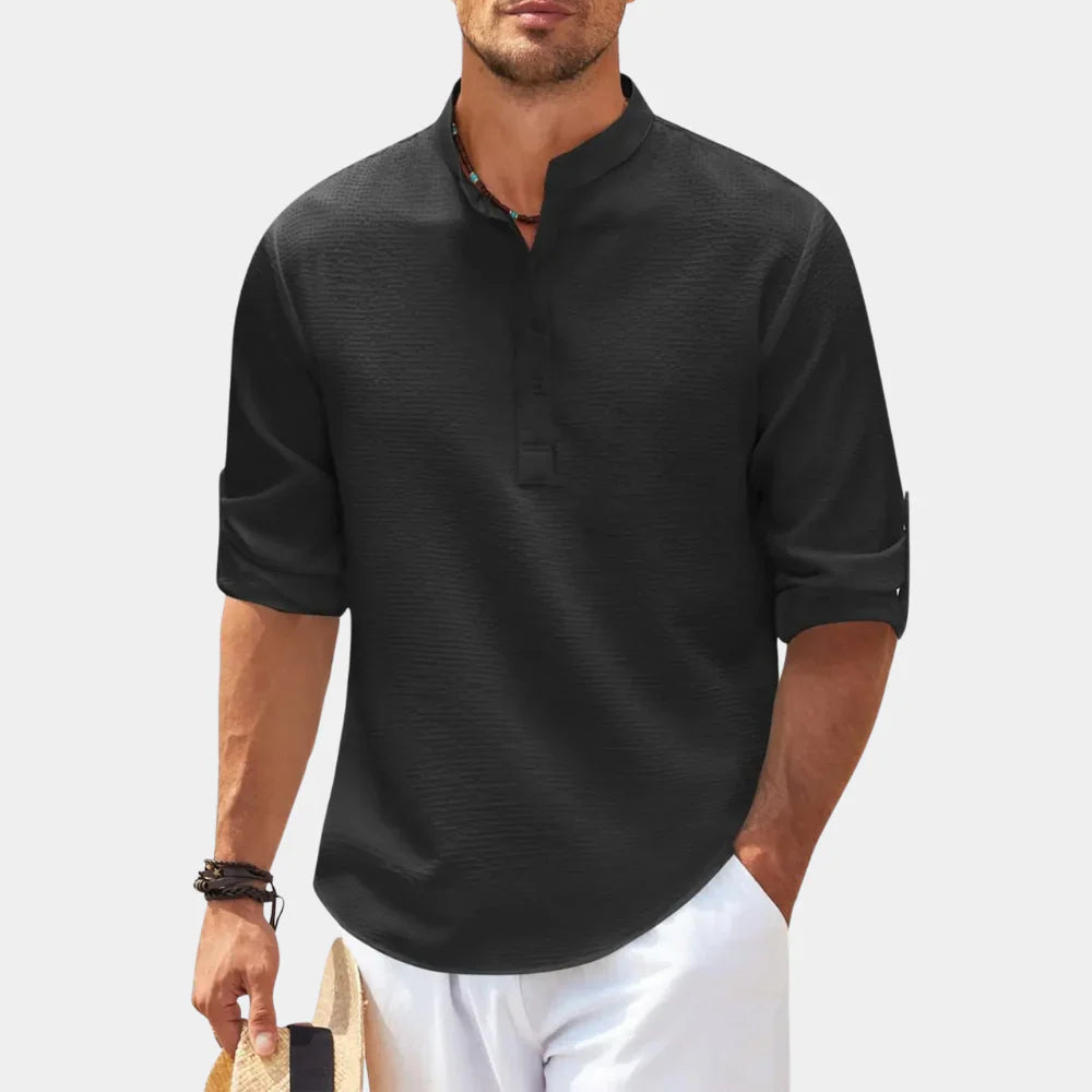 Herren Freizeithemd – Relaxed Fit – Stehkragen – Atmungsaktive Naturfasern