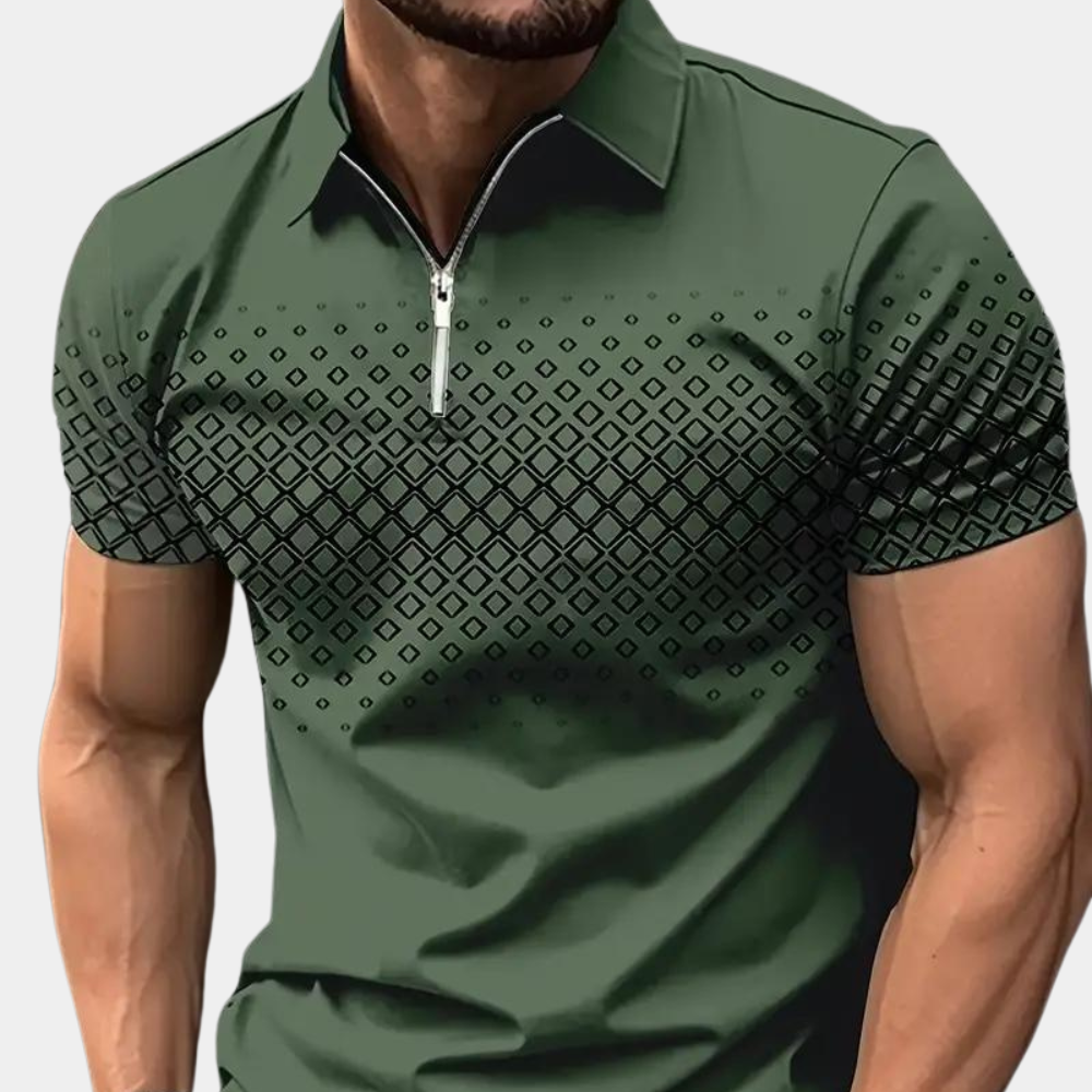 Herren Poloshirt – Slim Fit – Atmungsaktives Material – Zipperkragen – Geometrisches Muster