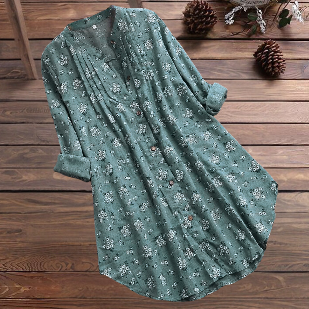 Damen Bluse Langarm – Lockerer Schnitt – Knopfleiste – Atmungsaktives Gewebe – Blumenmuster