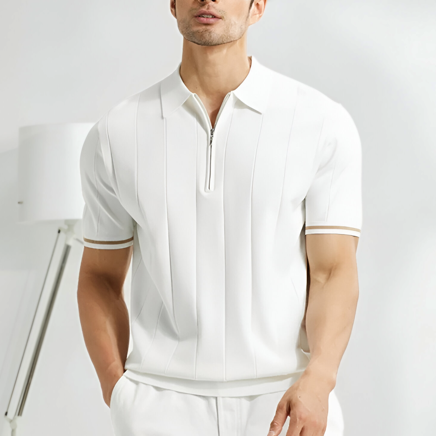 Herren Poloshirt – Slim Fit – Reißverschlusskragen – Weiches Strickmaterial – Gerippte Abschlüsse