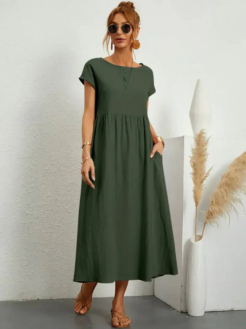 Damen Maxikleid – Lockerer Schnitt – Kurzarm – Geraffte Taille – Atmungsaktiver Stoff
