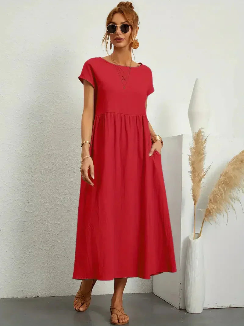 Damen Maxikleid – Lockerer Schnitt – Kurzarm – Geraffte Taille – Atmungsaktiver Stoff