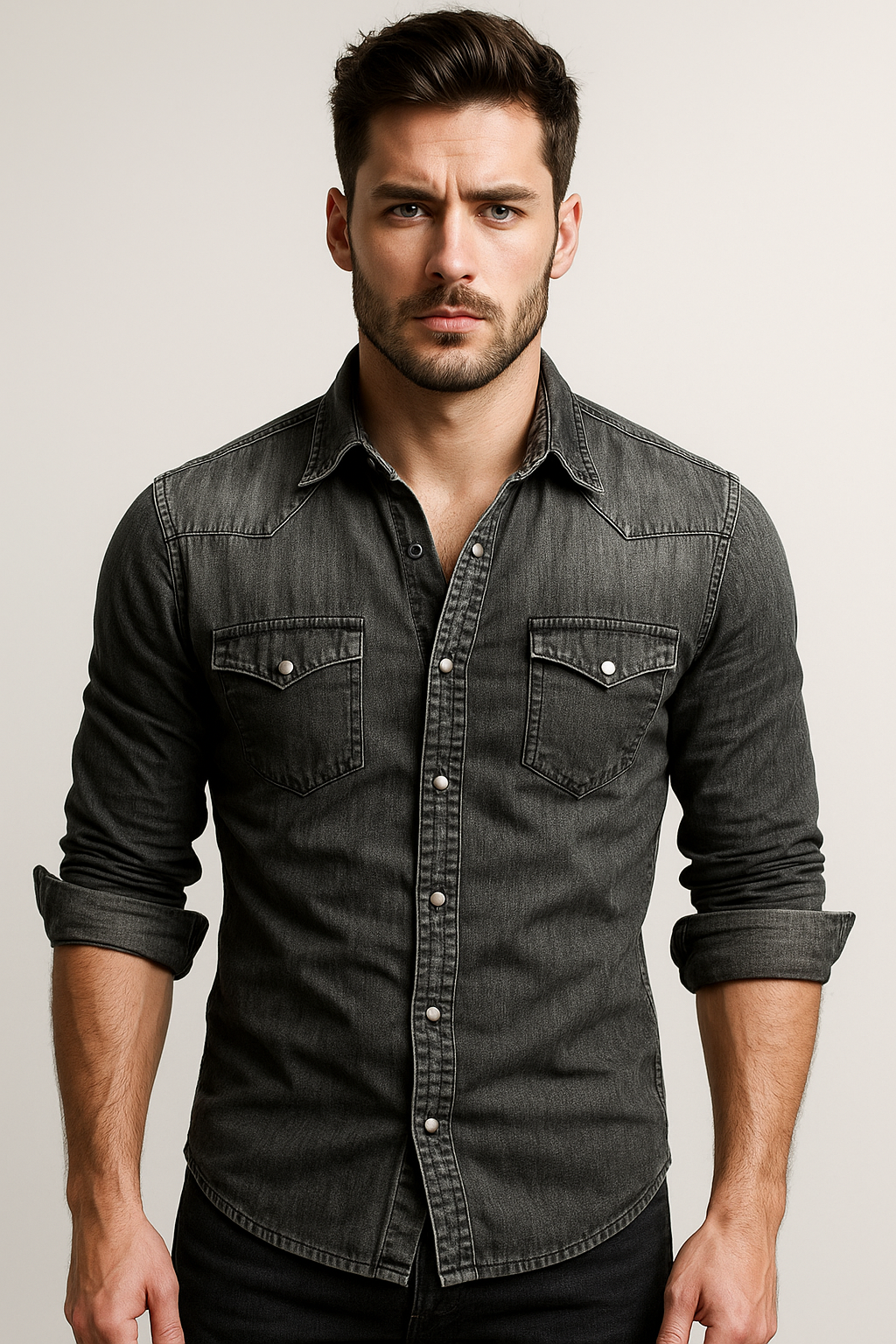 Herren Jeanshemd – Slim Fit – Druckknopfleiste – Brusttaschen – Atmungsaktive Qualität