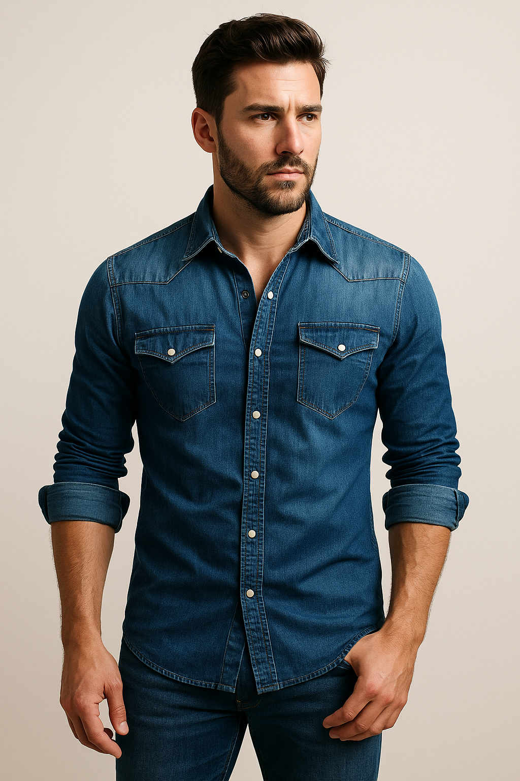 Herren Jeanshemd – Slim Fit – Druckknopfleiste – Brusttaschen – Atmungsaktive Qualität