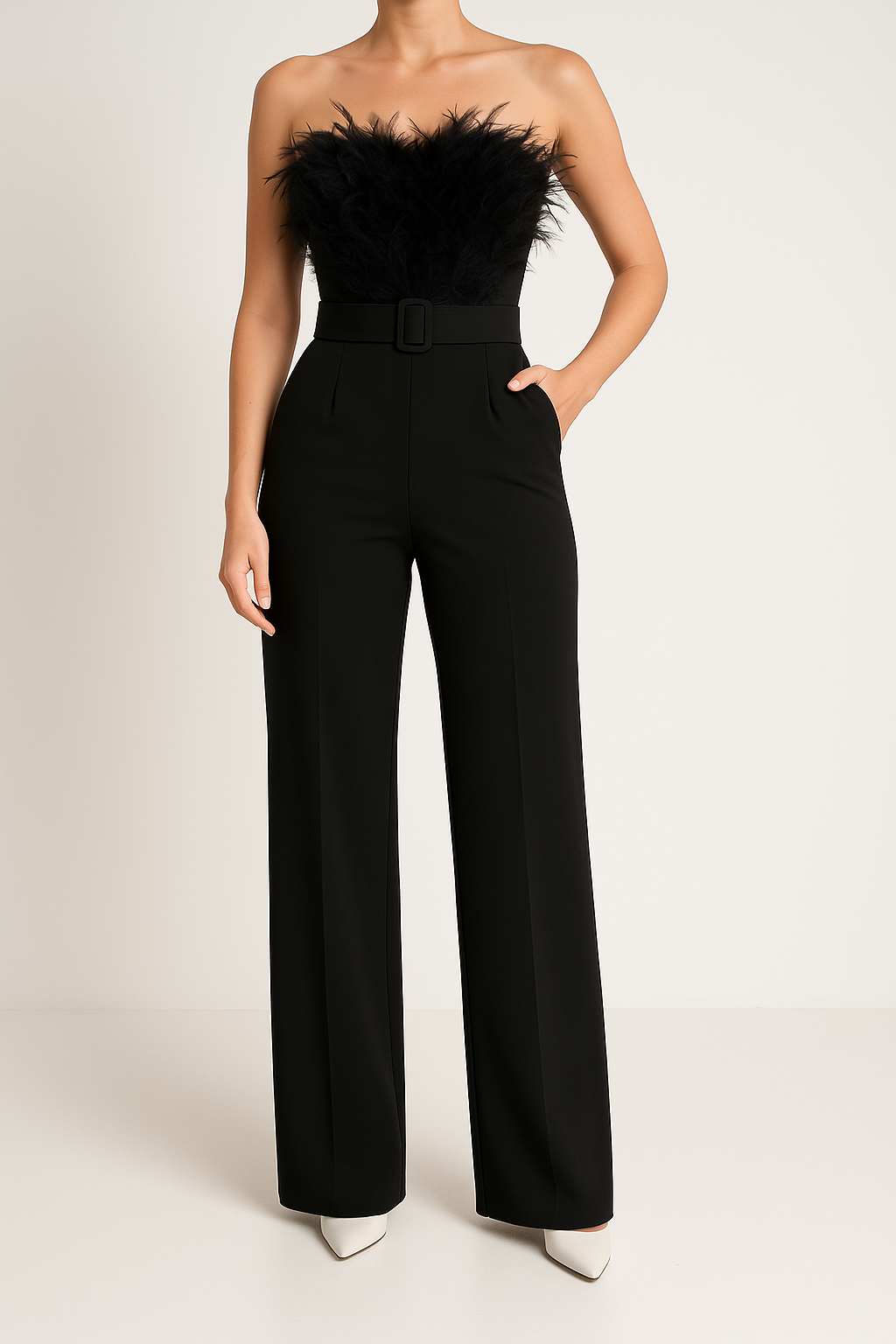 Damen Jumpsuit – Schulterfrei mit Federn – Taillengürtel – Weites Bein – Elegant