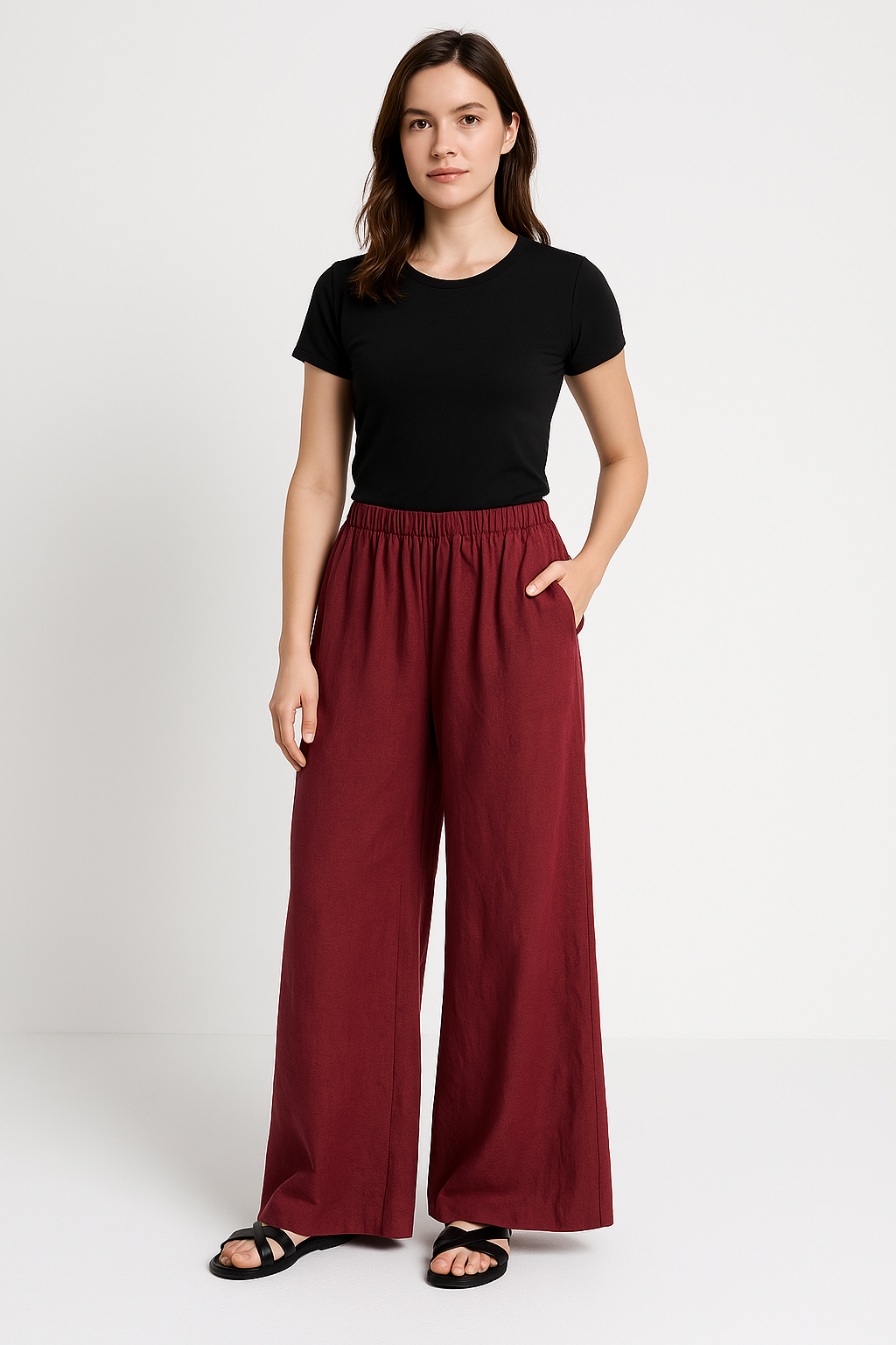Damen Weite Hose – Linnen-Optik – Elastischer Bund – Lockerer Schnitt – Lang