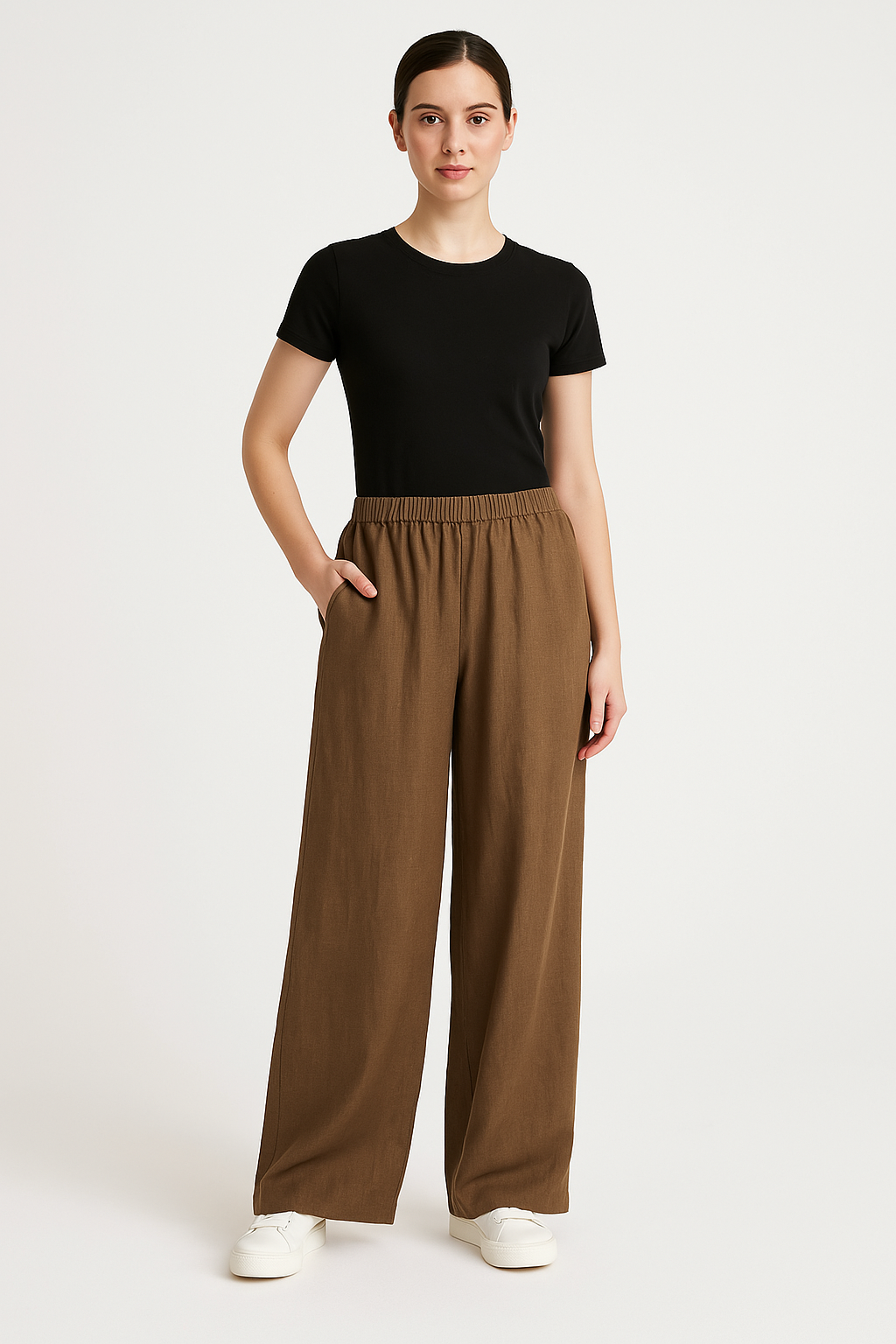 Damen Weite Hose – Linnen-Optik – Elastischer Bund – Lockerer Schnitt – Lang