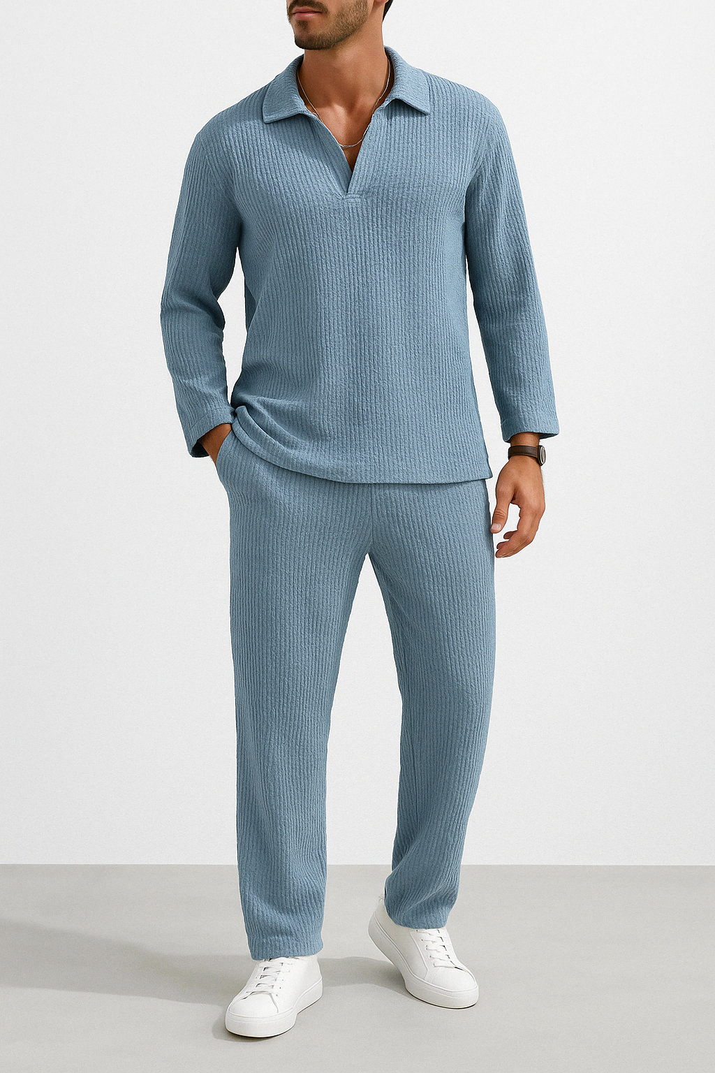 Herren Lounge Set – Relaxed Fit – Weicher Rippstrick – Langarmshirt & Hose