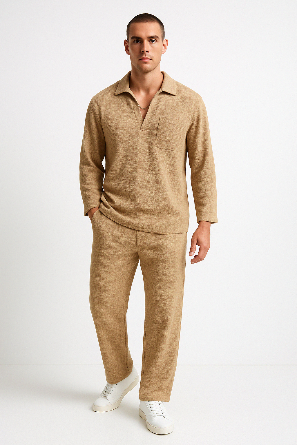 Herren Lounge Set – Relaxed Fit – Weicher Rippstrick – Langarmshirt & Hose