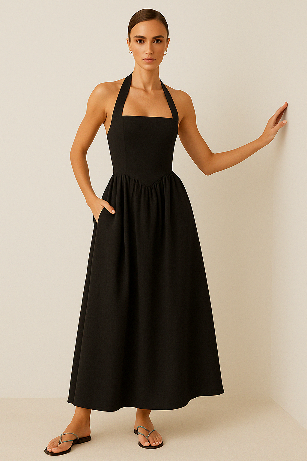 Damen Maxikleid – Halterneck – A-Linie – Luftiges Design aus atmungsaktivem Stoff