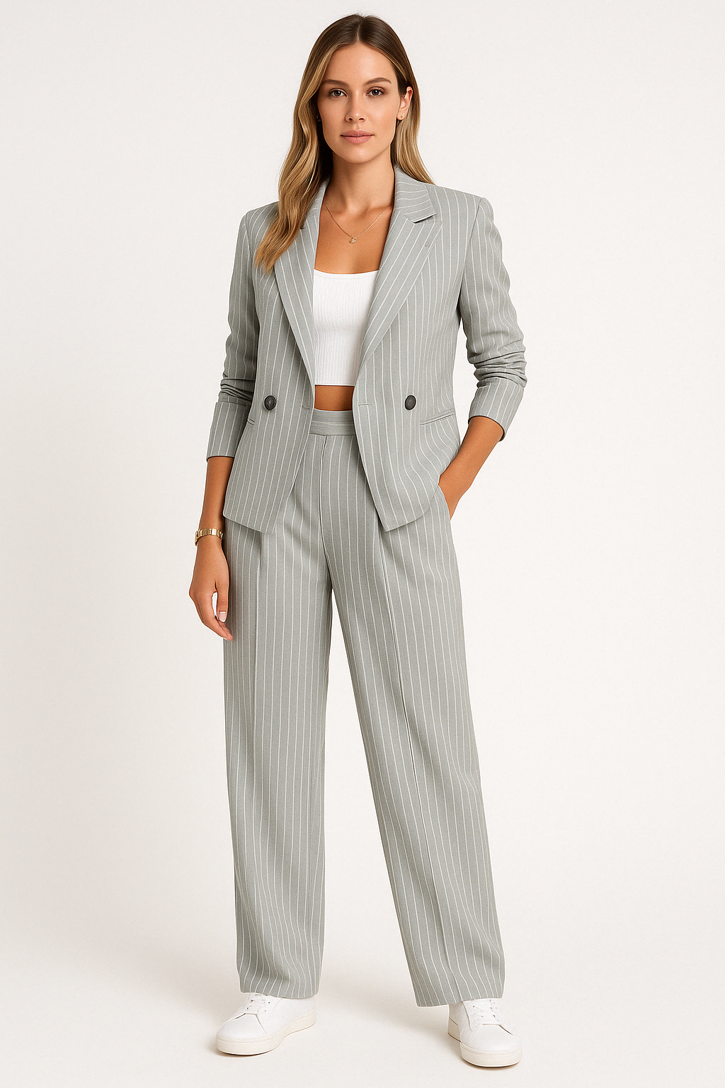 Damen Anzug Set – Taillierter Blazer – High Waist Hose – Weites Bein – Strukturstoff