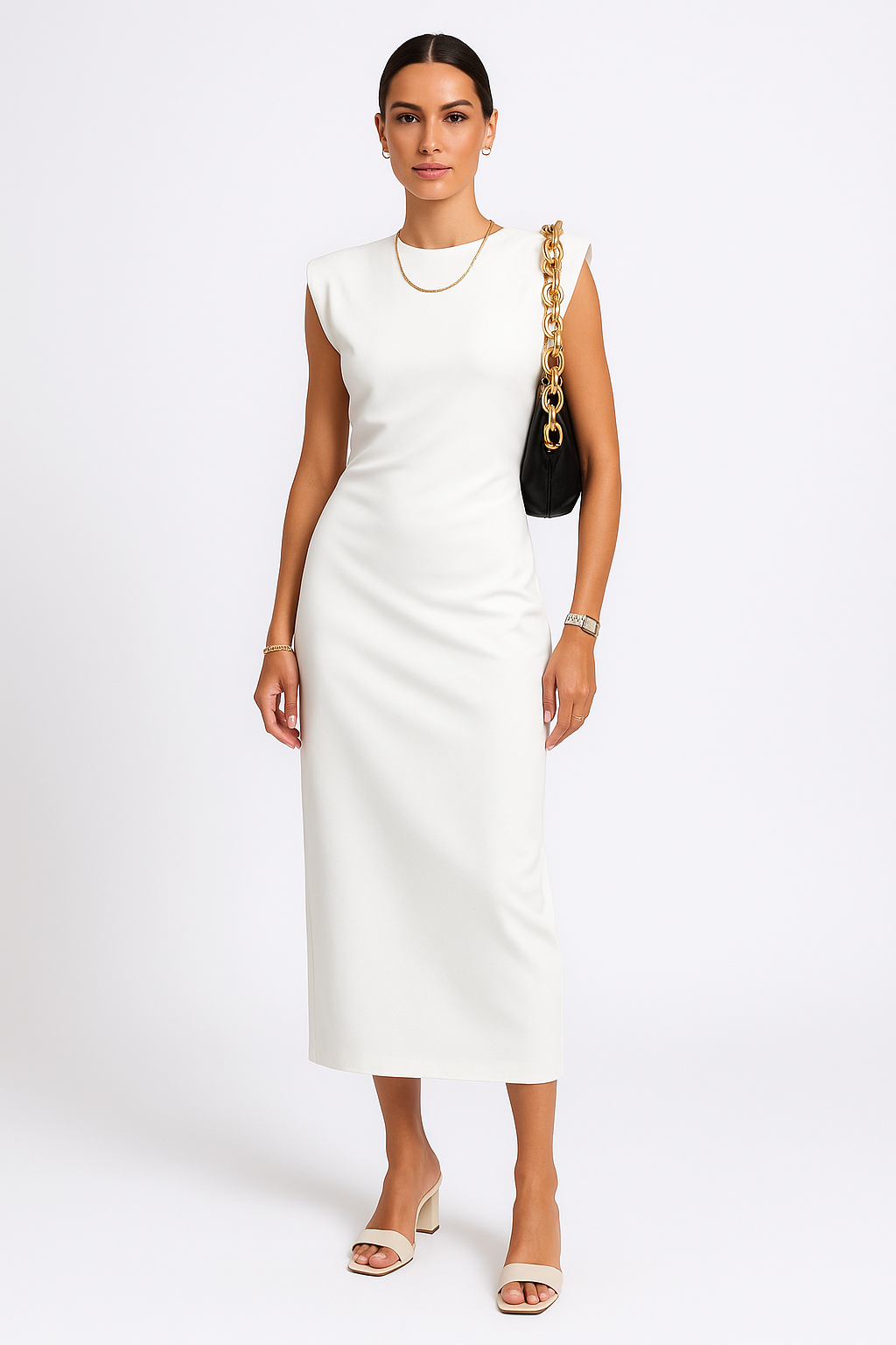 Damen Midikleid – Ärmellos – Figurbetont – Luxusstoff – Hoher Ausschnitt – Beinschlitz