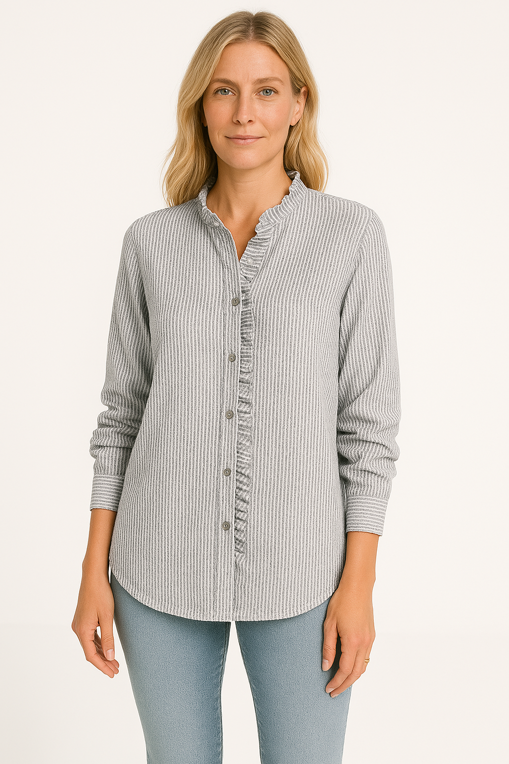 Damen Bluse – Lockerer Schnitt – Texturiertes Material – Langarm – Knopfleiste mit Rüschen