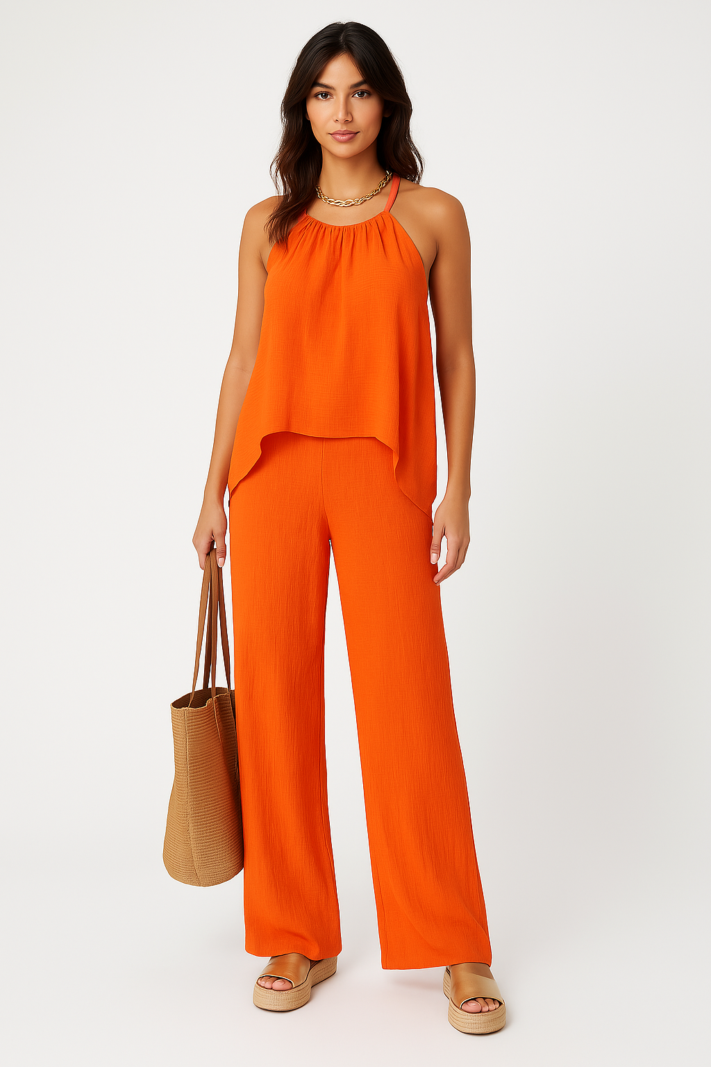 Damen Zweiteiler Set – Haltertop Asymmetrisch – Weit Bein Hose Luftig Locker