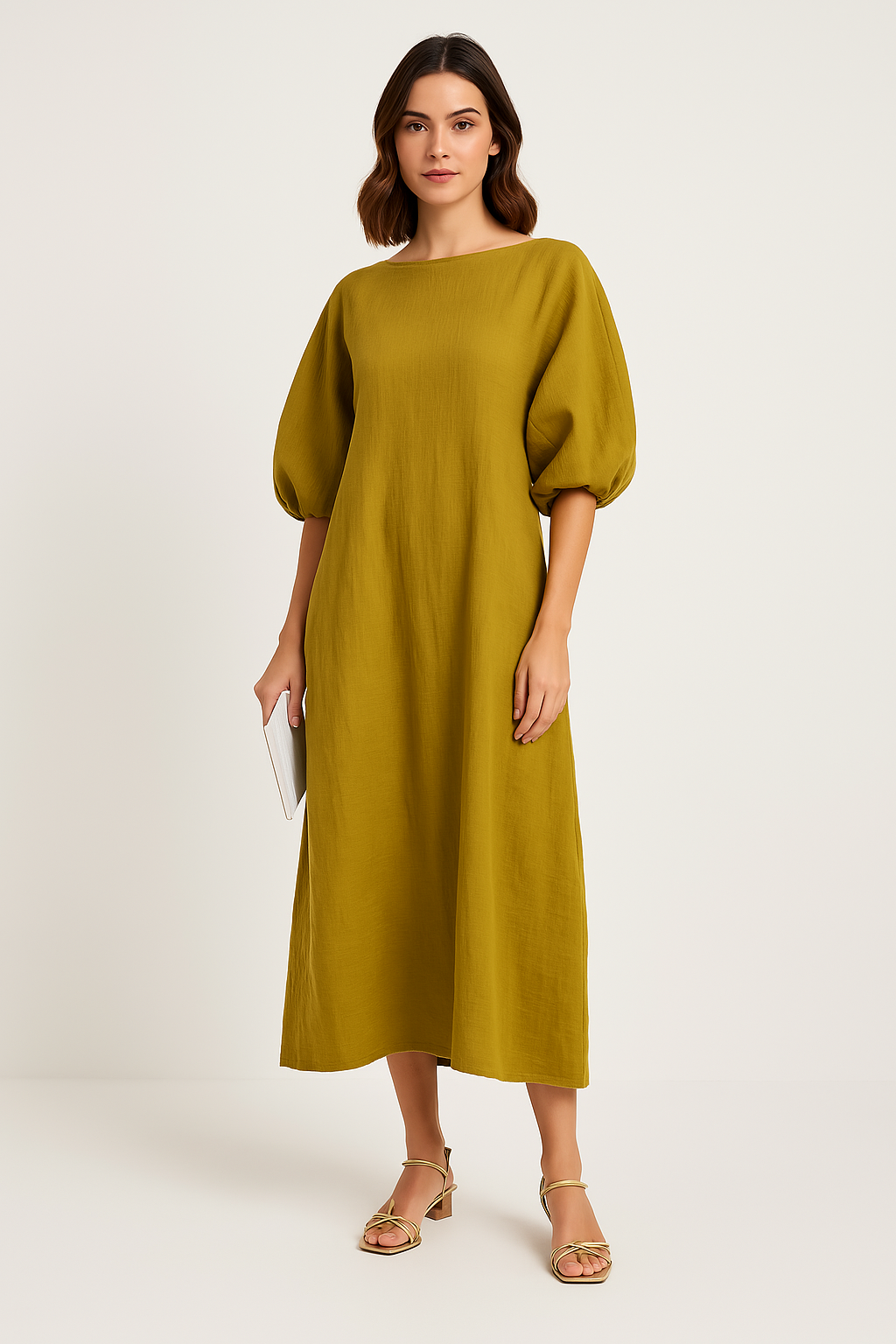 Damen Kleid – Lockerer Schnitt – Puffärmel – Rundhals – Atmungsaktiv Baumwolle