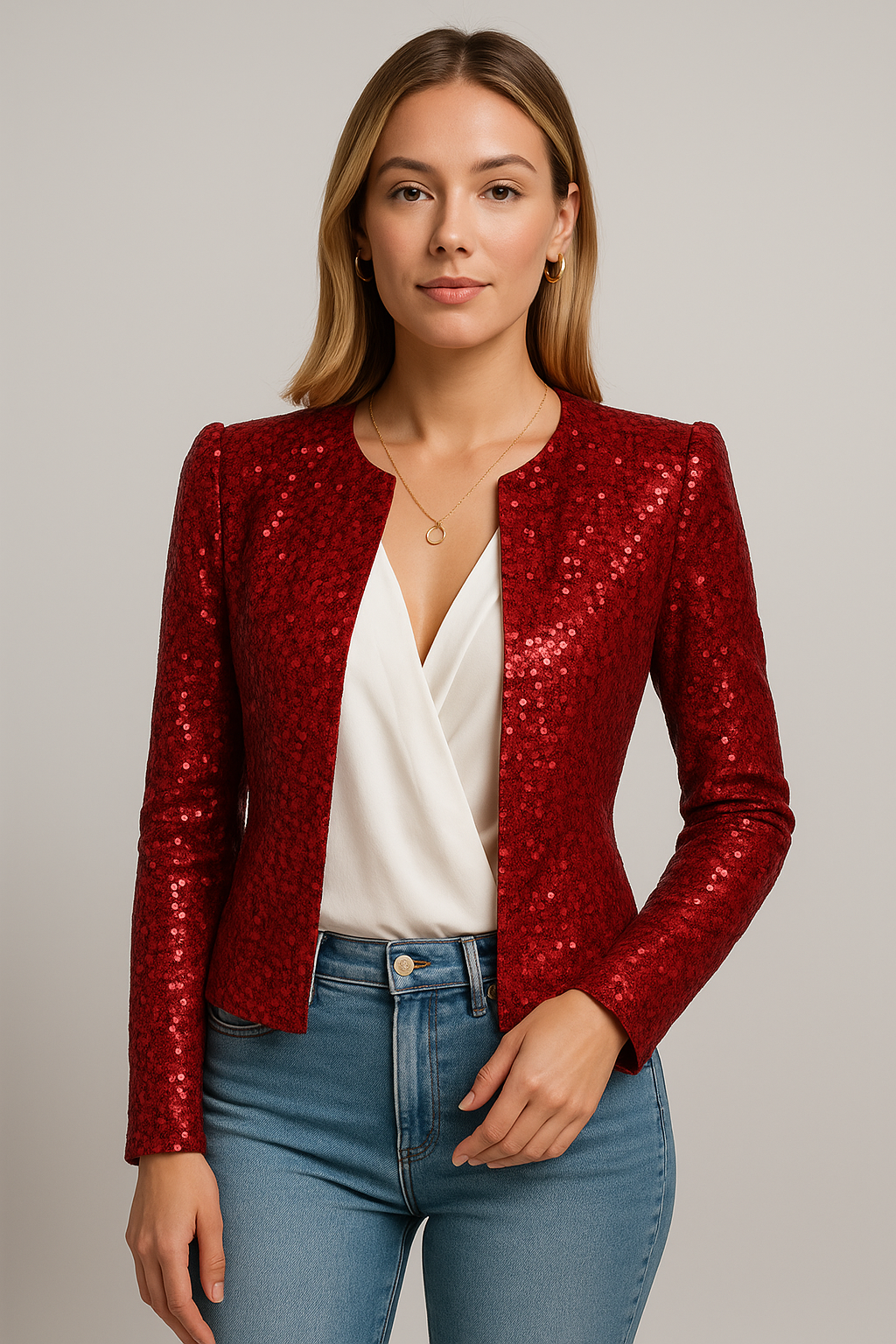 Damen Kurzjacke – Tailor Fit – Glänzendes Pailletten-Design – Stehkragen – Langarm