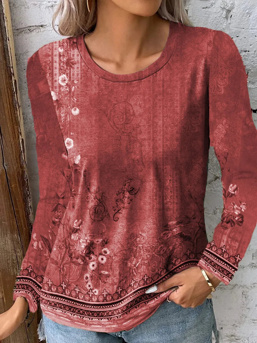 Damen Bluse Langarm – Lockerer Schnitt – Künstlerischer Print – Atmungsaktives Material
