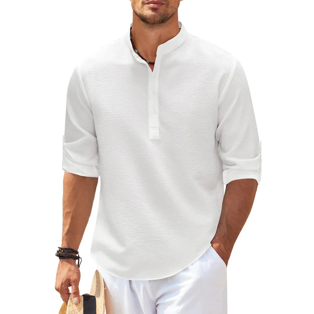 Herren Freizeithemd – Relaxed Fit – Atmungsaktives Mischgewebe – Stehkragen – Krempelärmel