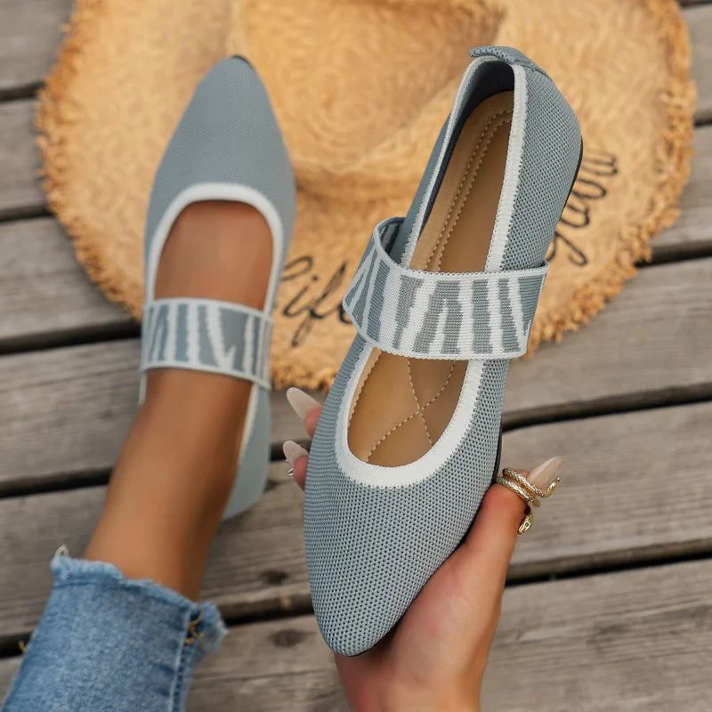 Damen Ballerina Flats – Atmungsaktive Struktur – Runde Spitze – Elastikriemen Design
