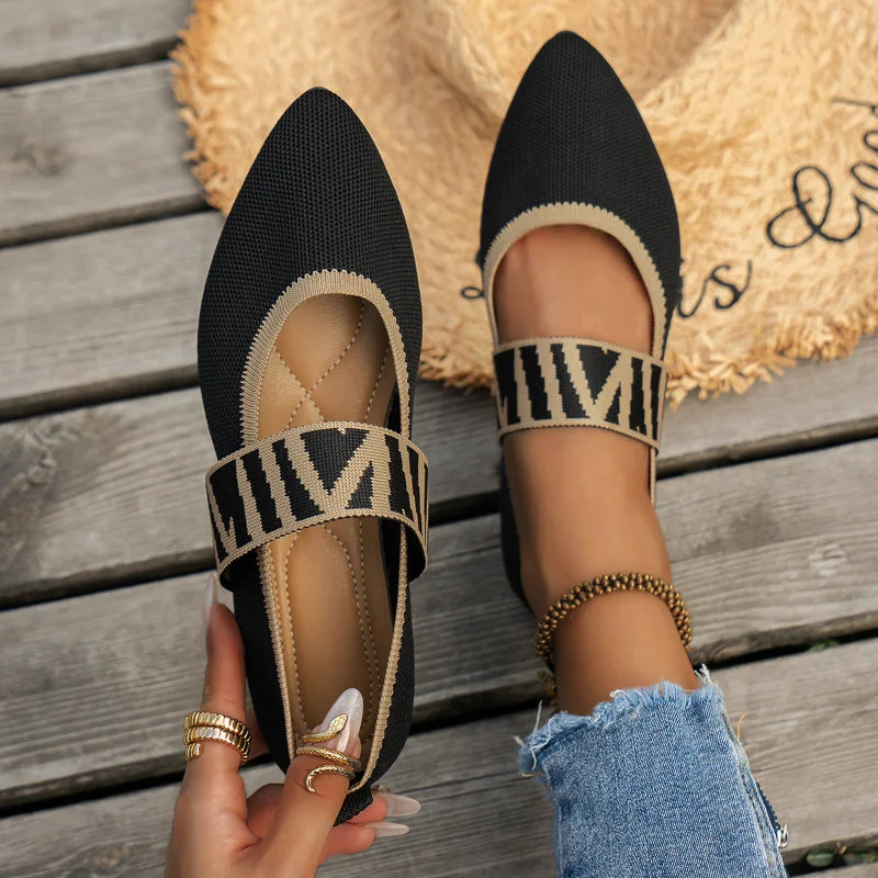 Damen Ballerina Flats – Atmungsaktive Struktur – Runde Spitze – Elastikriemen Design