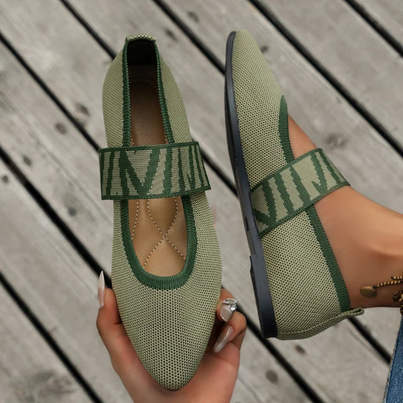 Damen Ballerina Flats – Atmungsaktive Struktur – Runde Spitze – Elastikriemen Design
