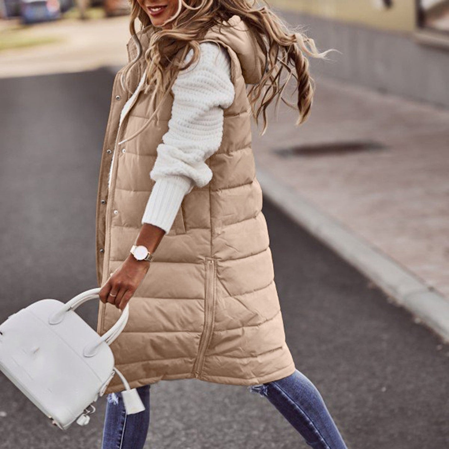 Damen Bodywarmer – Oversized Fit – Gesteppt Gefüttert – Lange Kapuze Freizeit