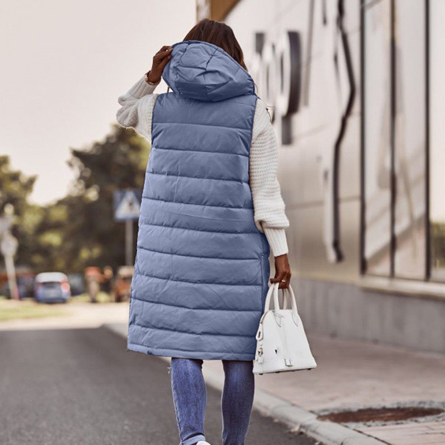 Damen Bodywarmer – Oversized Fit – Gesteppt Gefüttert – Lange Kapuze Freizeit