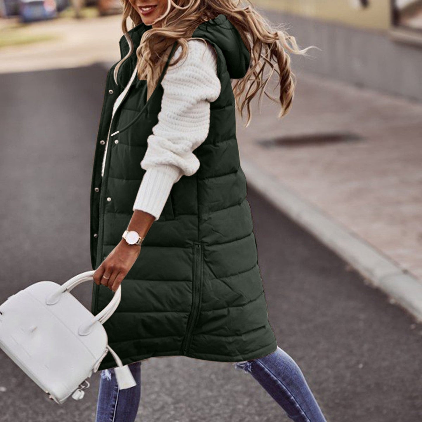 Damen Bodywarmer – Oversized Fit – Gesteppt Gefüttert – Lange Kapuze Freizeit